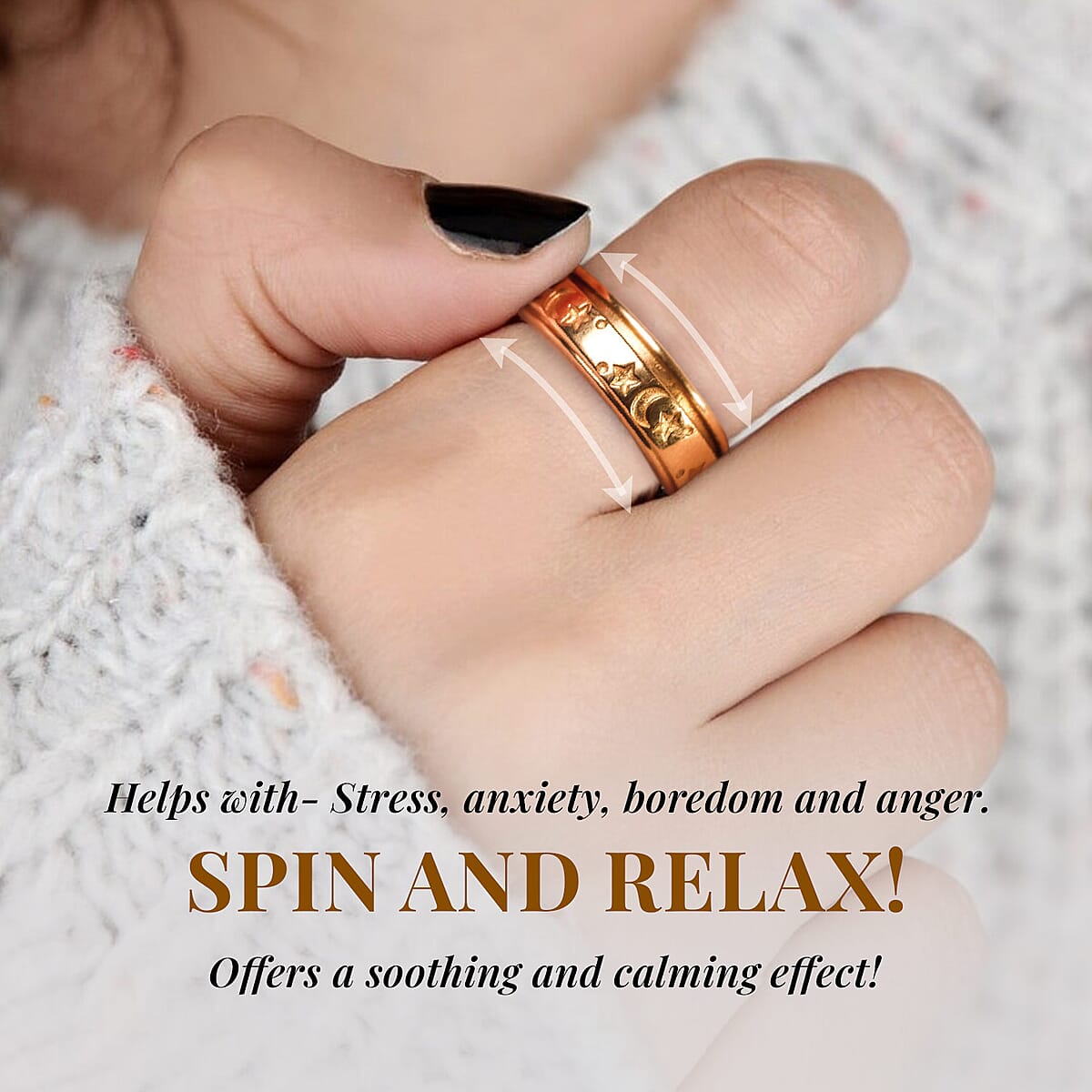 D'Joy Moon star Fidget Spinner Ring for Anxiety in Vermeil RG Over Sterling Silver 4.50 Grams image number 3