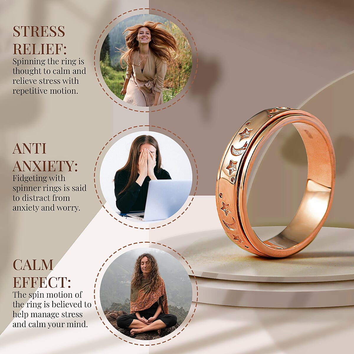 D'Joy Moon star Fidget Spinner Ring for Anxiety in Vermeil RG Over Sterling Silver 4.50 Grams image number 4