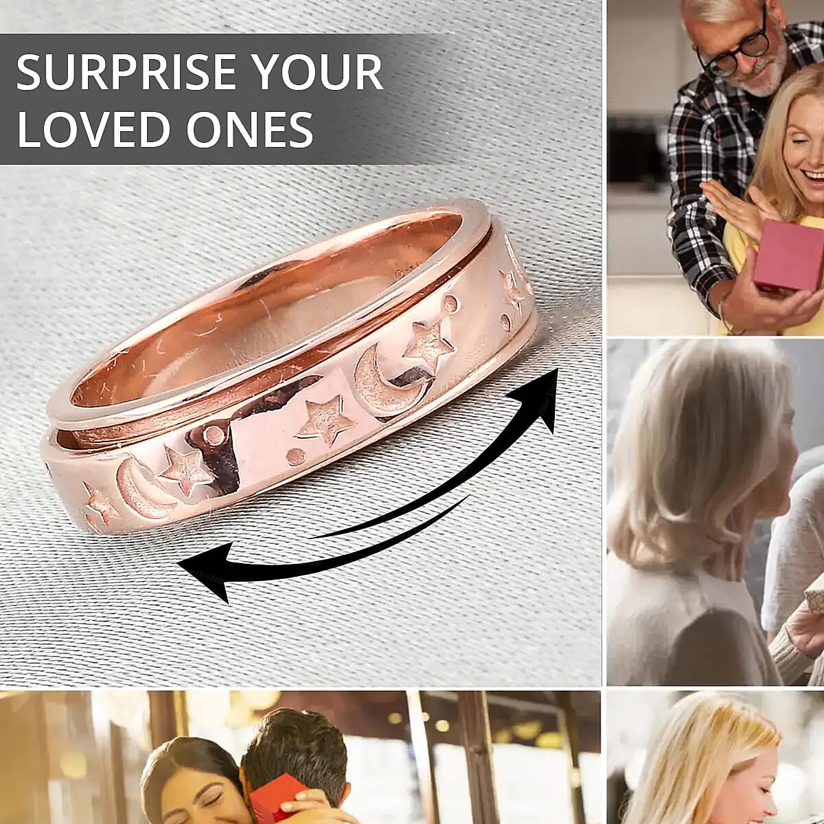 D'Joy Moon star Fidget Spinner Ring for Anxiety in Vermeil RG Over Sterling Silver 4.50 Grams image number 5