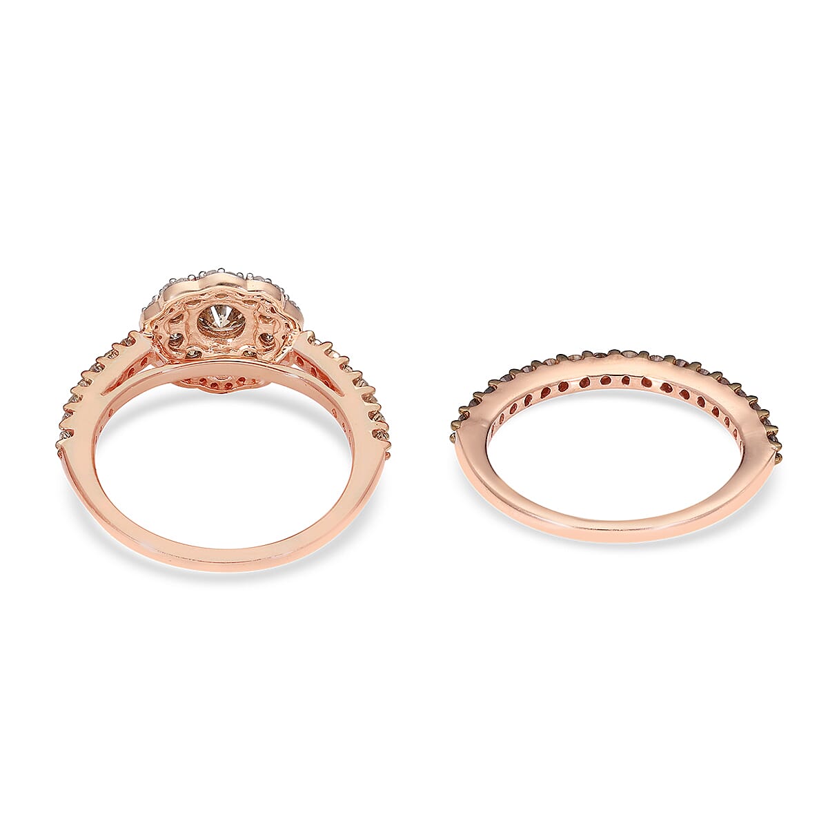 Natural Champagne and White Diamond Band and Floral Stackable Ring in Vermeil Rose Gold Over Sterling Silver (Size 7.0) 1.50 ctw