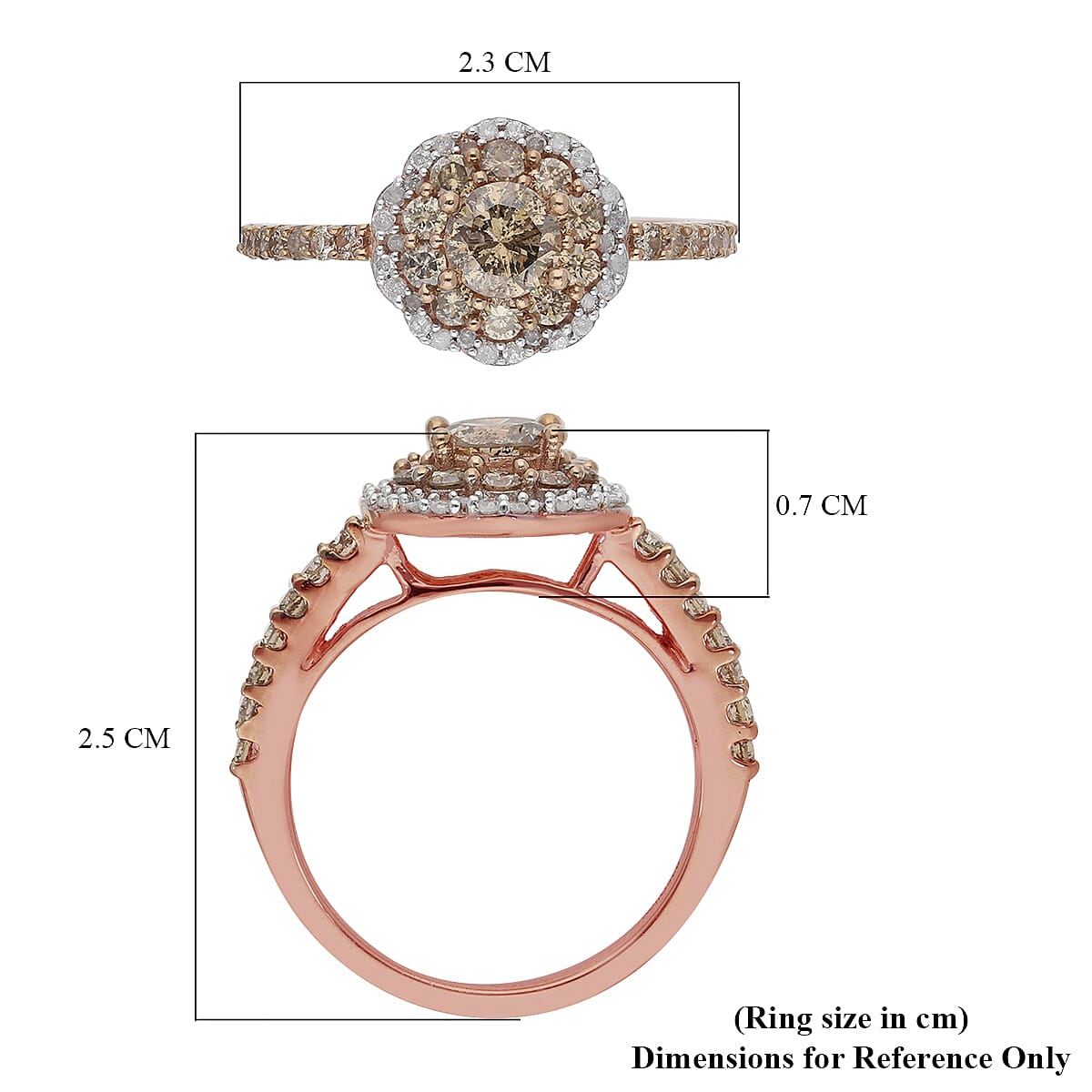 Natural Champagne and White Diamond Band and Floral Stackable Ring in Vermeil Rose Gold Over Sterling Silver (Size 7.0) 1.50 ctw