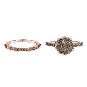 Natural Champagne and White Diamond Band & Floral Stackable Ring in Vermeil Rose Gold Over Sterling Silver (Size 9.0) 1.50 ctw