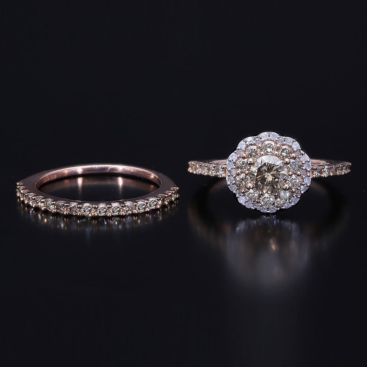 Natural Champagne and White Diamond Band & Floral Stackable Ring in Vermeil Rose Gold Over Sterling Silver (Size 9.0) 1.50 ctw image number 1