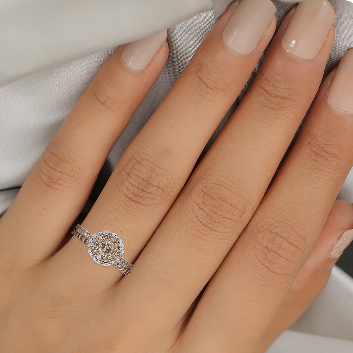 Natural Champagne and White Diamond Band & Floral Stackable Ring in Vermeil Rose Gold Over Sterling Silver (Size 9.0) 1.50 ctw image number 2