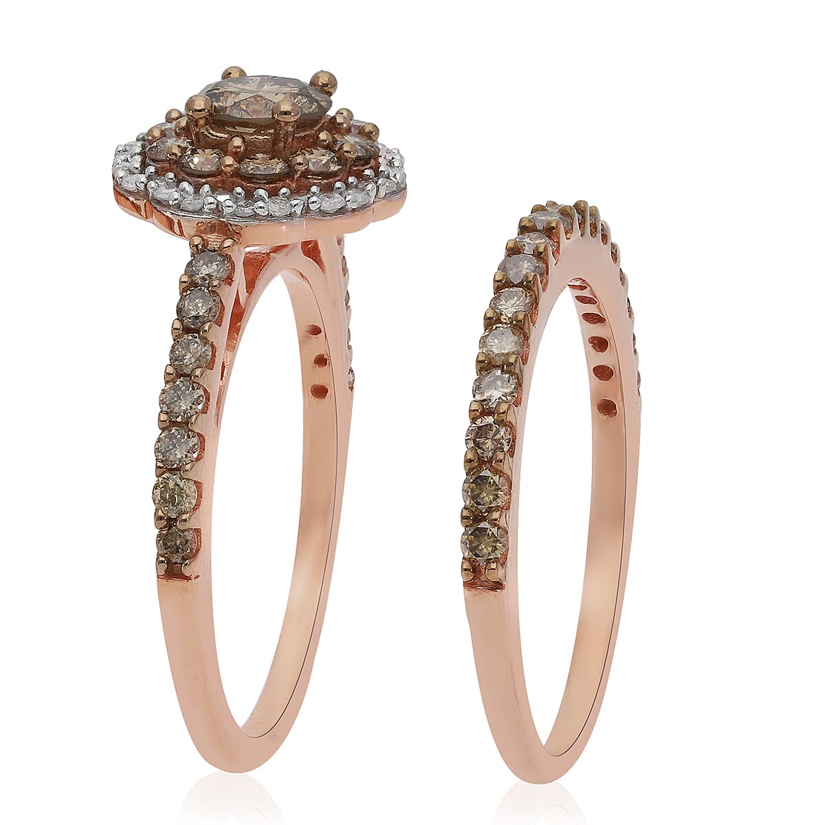 Natural Champagne and White Diamond Band & Floral Stackable Ring in Vermeil Rose Gold Over Sterling Silver (Size 9.0) 1.50 ctw image number 3