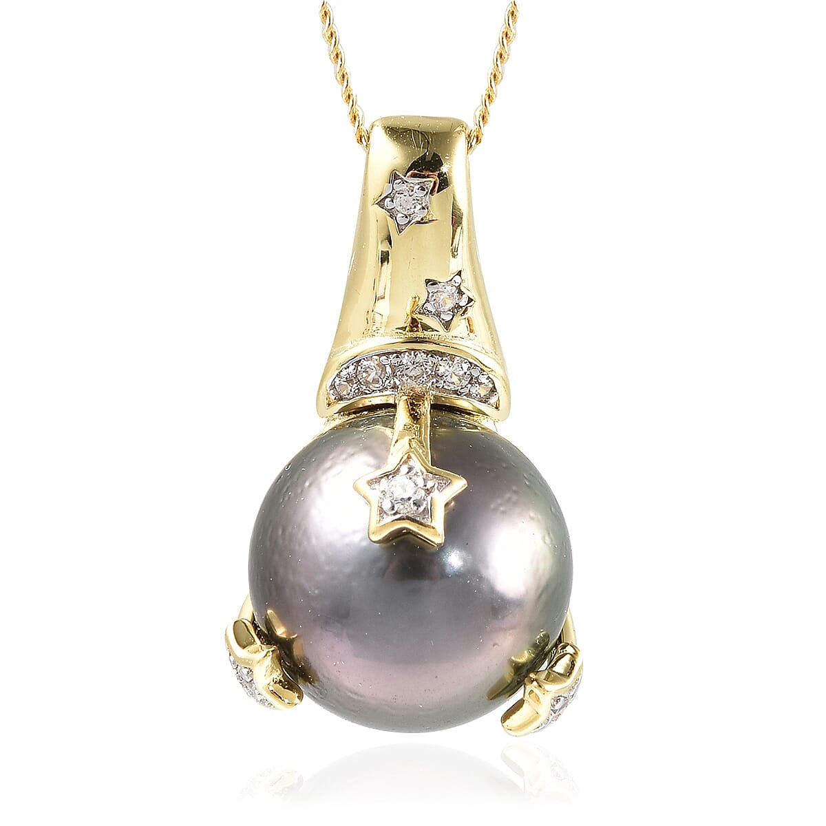 Tahitian Cultured Pearl 11-12 and White Zircon Star & Crescent Moon Pendant Necklace 18 Inches in Rhodium Over Sterling Silver