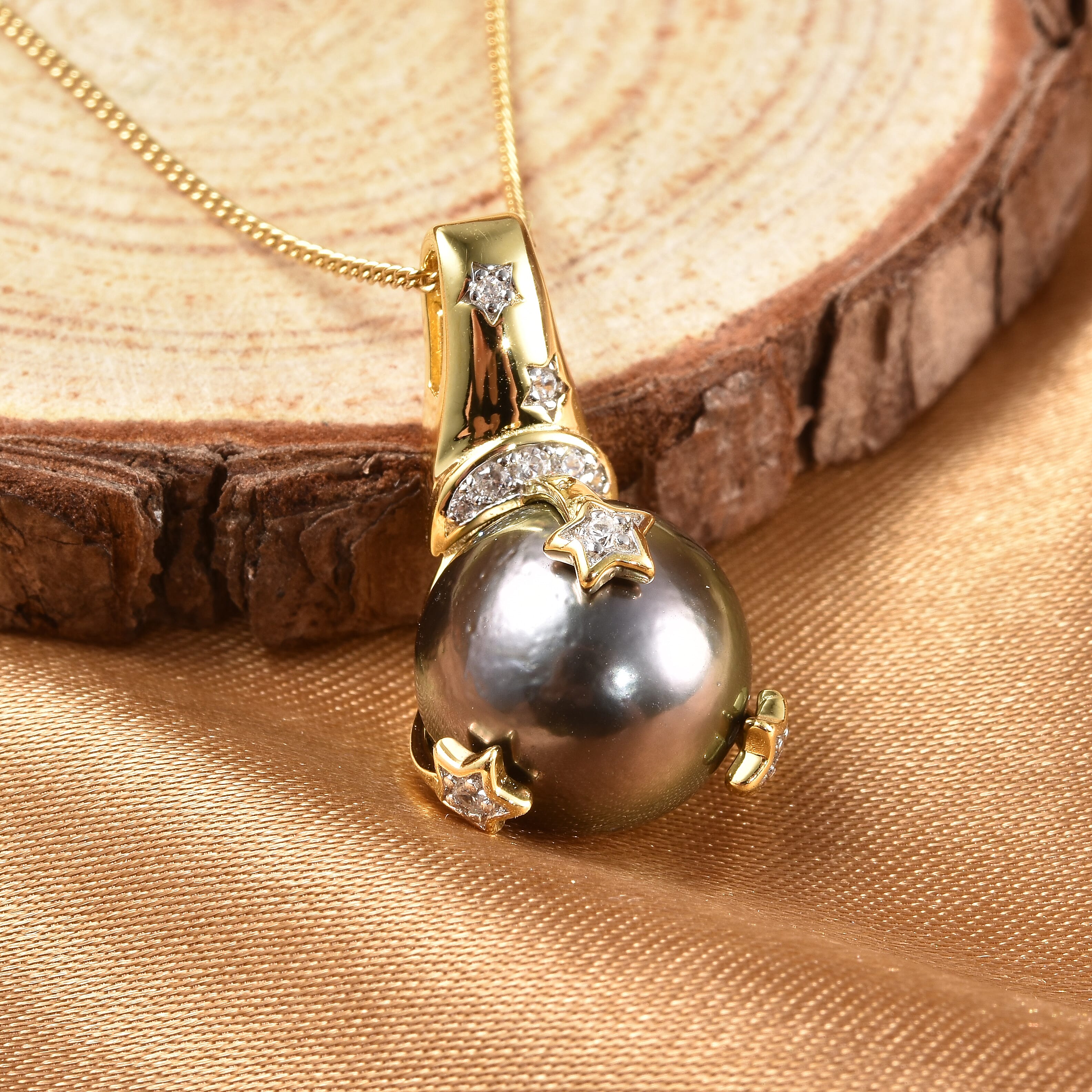 Tahitian Cultured Pearl 11-12 and White Zircon Star & Crescent Moon Pendant Necklace 18 Inches in Rhodium Over Sterling Silver