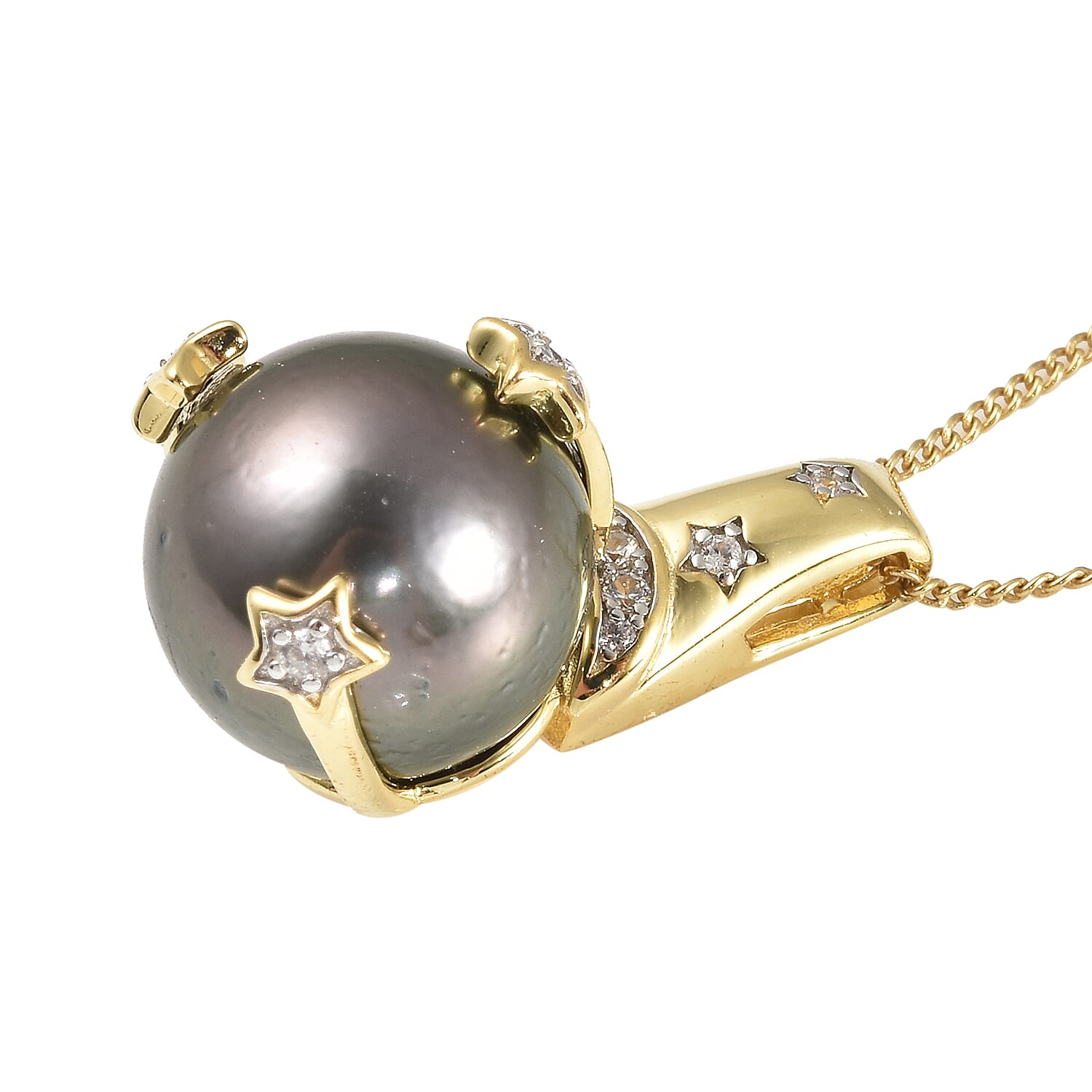 Tahitian Cultured Pearl 11-12 and White Zircon Star & Crescent Moon Pendant Necklace 18 Inches in Rhodium Over Sterling Silver