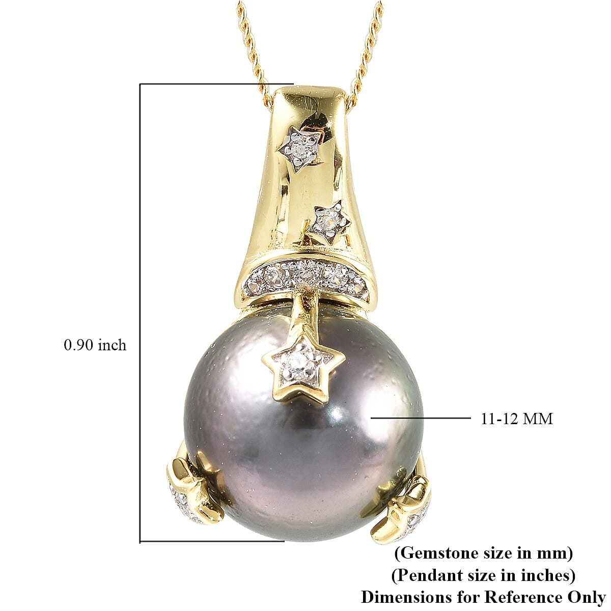 Tahitian Cultured Pearl 11-12 and White Zircon Star & Crescent Moon Pendant Necklace 18 Inches in Rhodium Over Sterling Silver