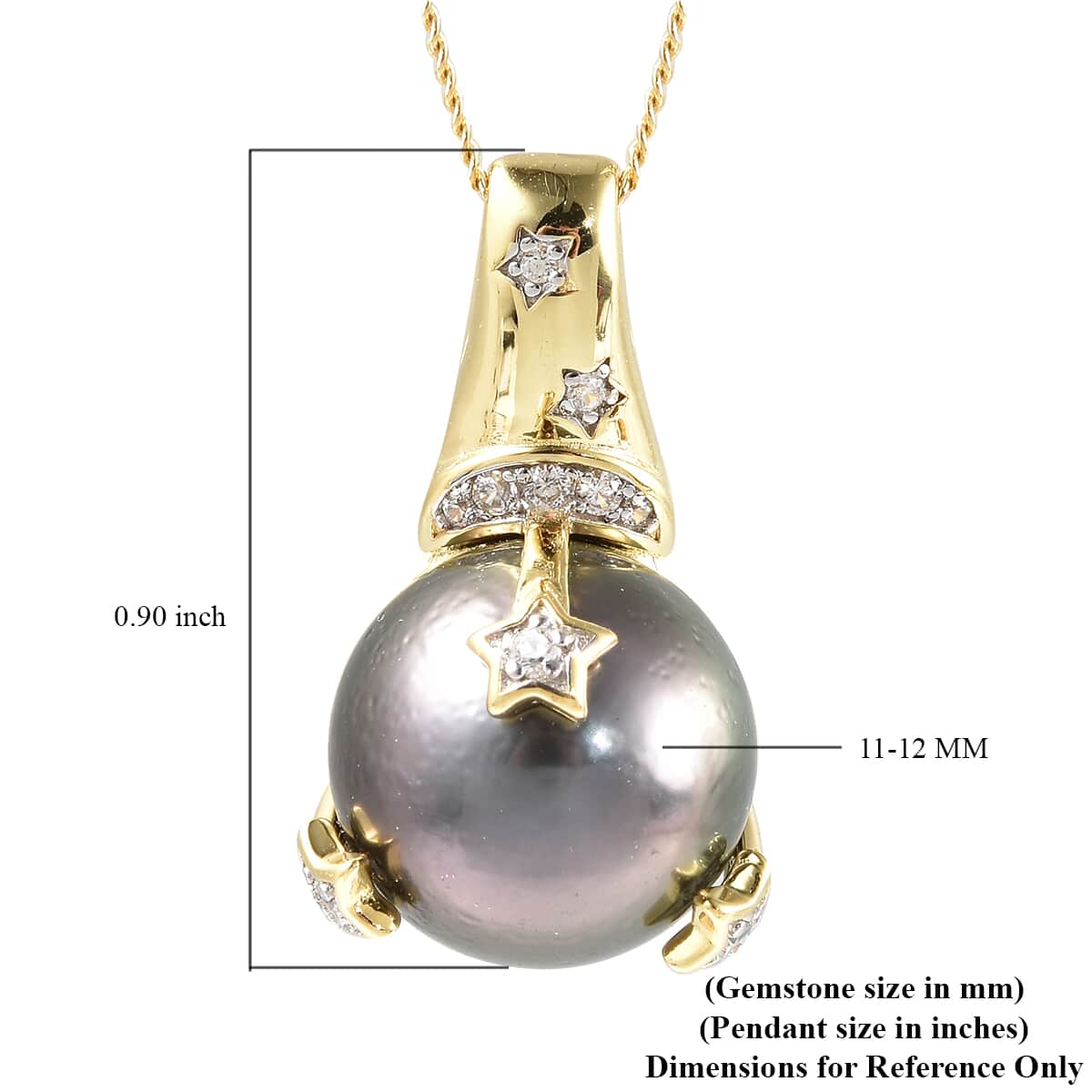 Tahitian Cultured Pearl 11-12 and White Zircon Star & Crescent Moon Pendant Necklace 18 Inches in Rhodium Over Sterling Silver image number 5