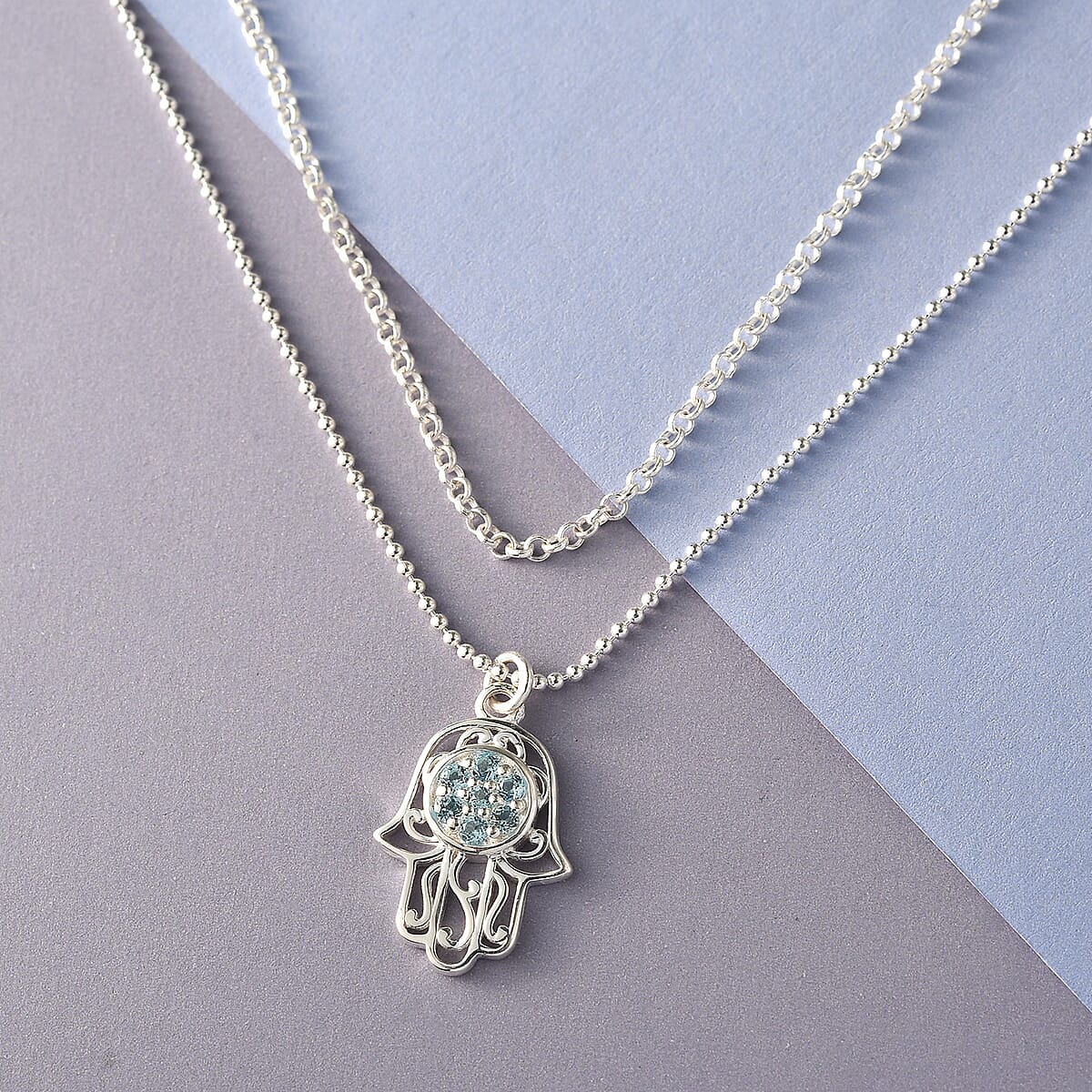 Swiss Blue Topaz Fancy Hamsa Pendant Layered Chain Necklace 18 Inches in Sterling Silver 8 Grams 0.30 ctw image number 1