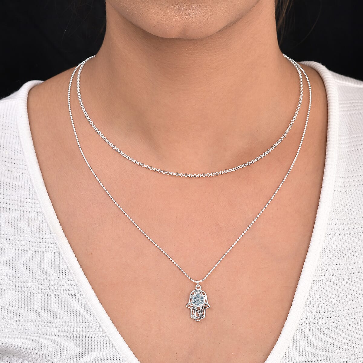Swiss Blue Topaz Fancy Hamsa Pendant Layered Chain Necklace 18 Inches in Sterling Silver 8 Grams 0.30 ctw image number 2