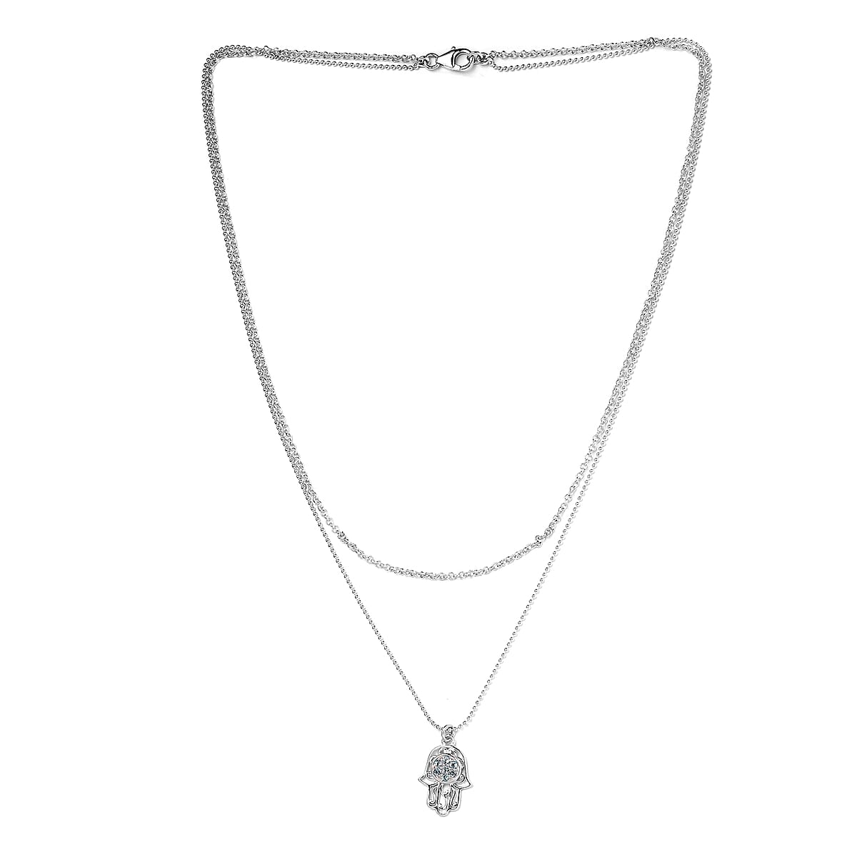 Swiss Blue Topaz Fancy Hamsa Pendant Layered Chain Necklace 18 Inches in Sterling Silver 8 Grams 0.30 ctw image number 3