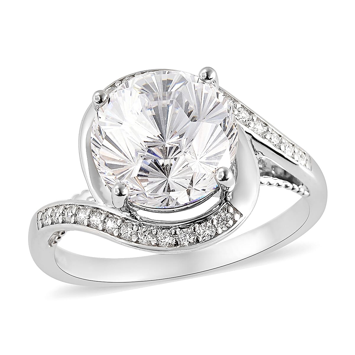 Lustro Stella Finest CZ Bypass Ring in Rhodium Over Sterling Silver (Size 10.0) 4.75 ctw