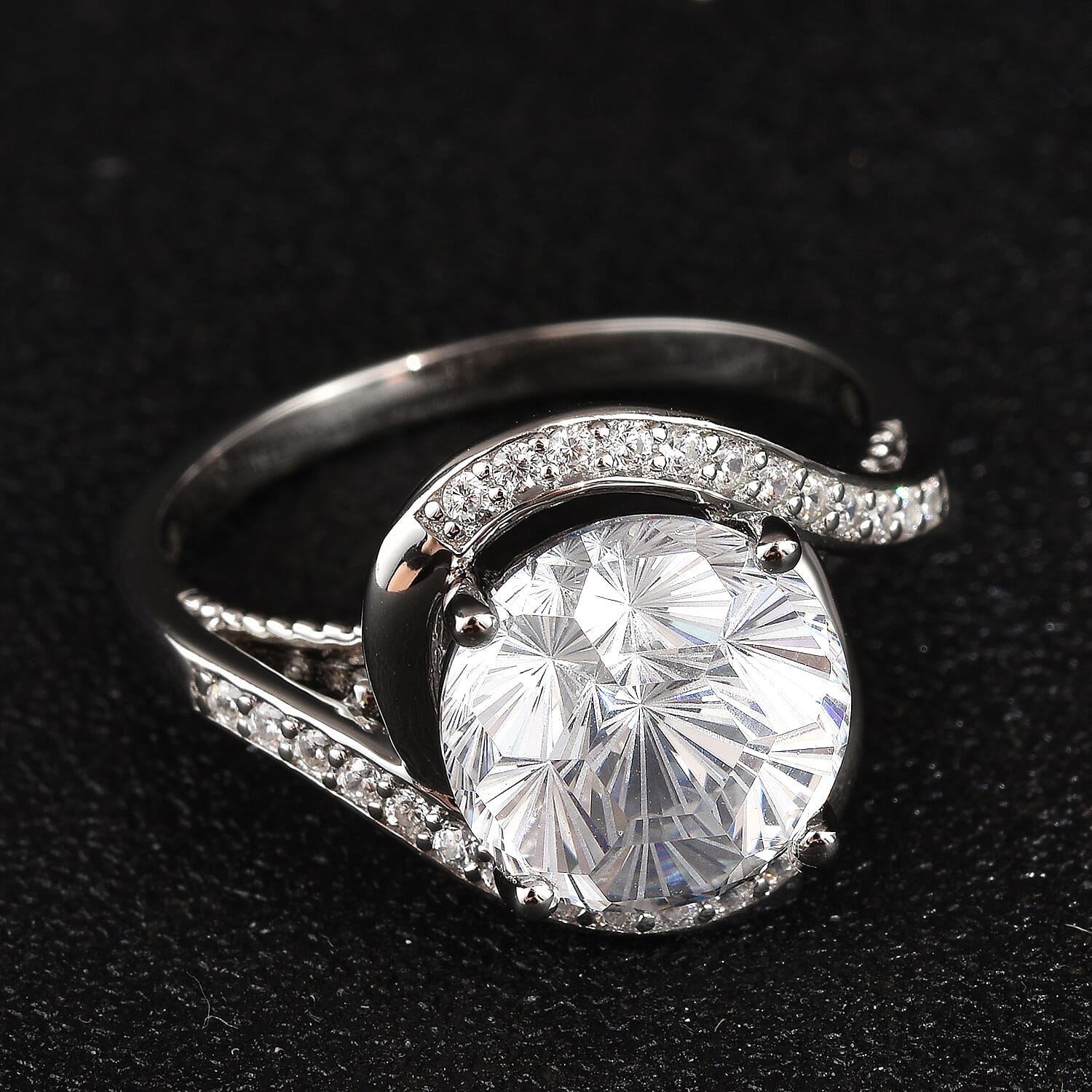 Lustro Stella Finest CZ Bypass Ring in Rhodium Over Sterling Silver (Size 10.0) 4.75 ctw