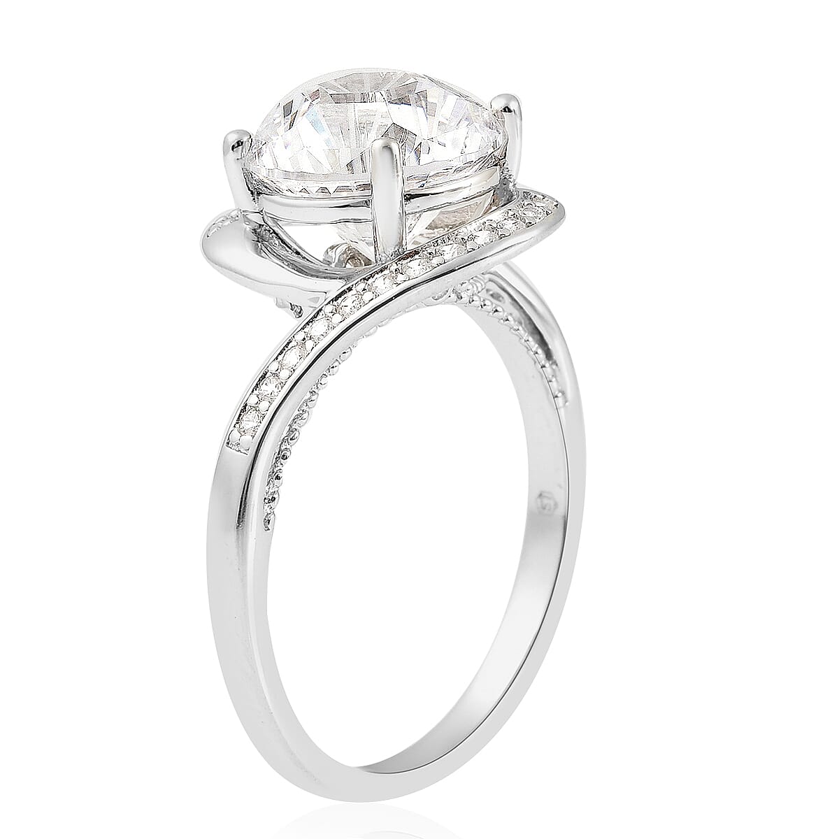 Lustro Stella Finest CZ Bypass Ring in Rhodium Over Sterling Silver (Size 10.0) 4.75 ctw