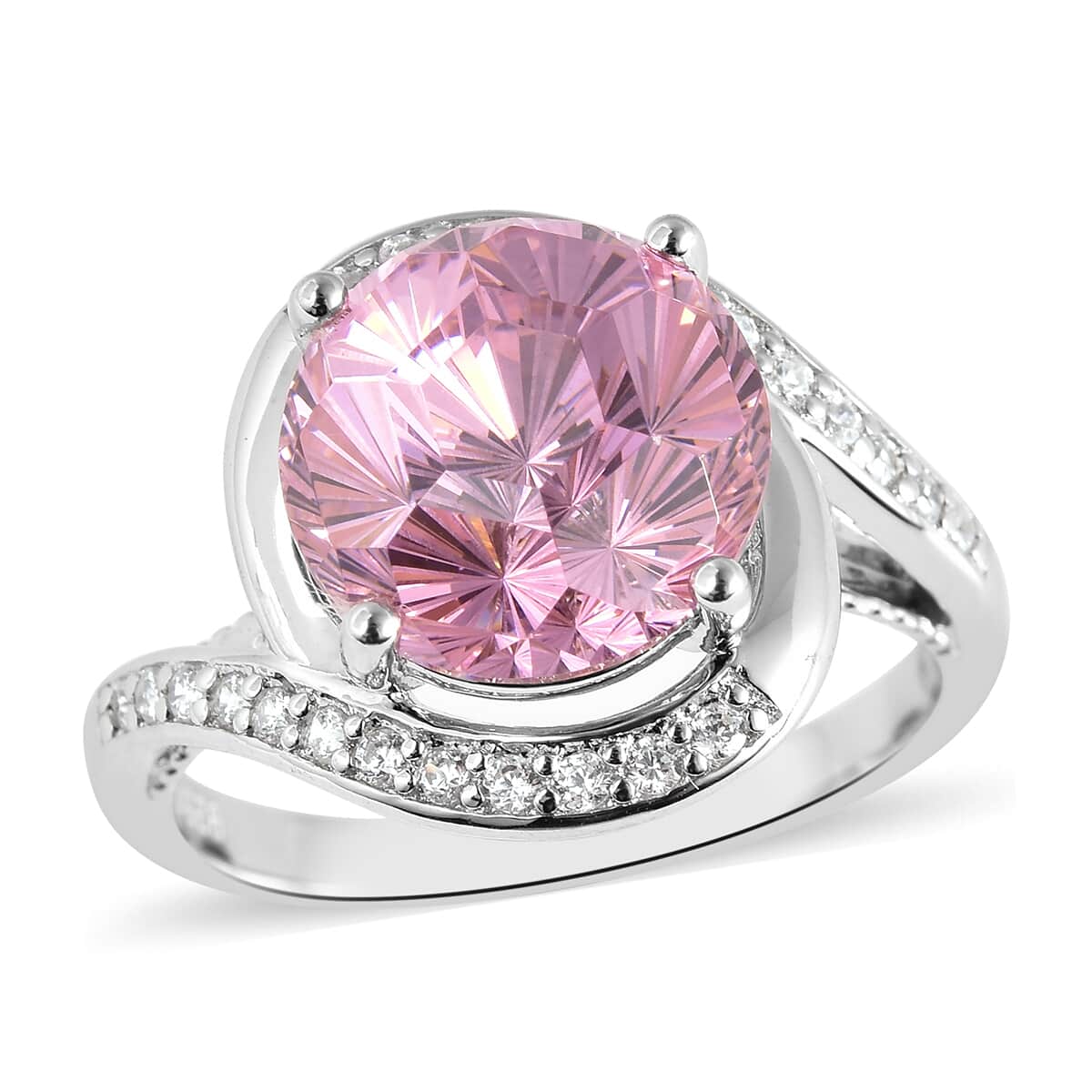 LUSTRO STELLA Finest Pink and White CZ Bypass Ring in Rhodium Over Sterling Silver (Size 10.0) 4.00 ctw image number 0