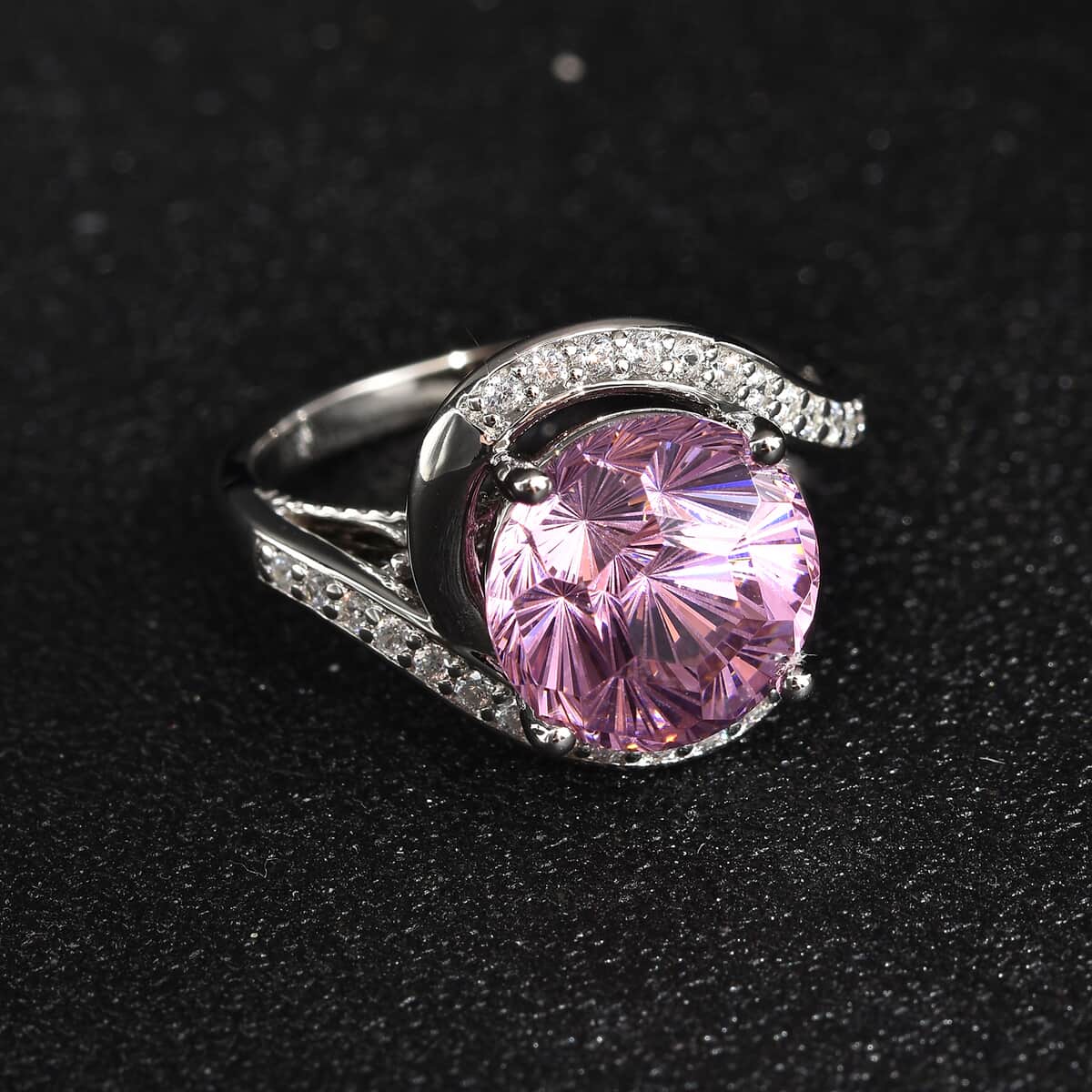 LUSTRO STELLA Finest Pink and White CZ Bypass Ring in Rhodium Over Sterling Silver (Size 10.0) 4.00 ctw image number 1