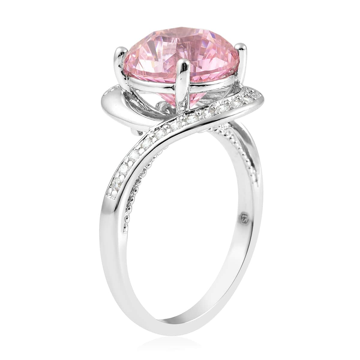 LUSTRO STELLA Finest Pink and White CZ Bypass Ring in Rhodium Over Sterling Silver (Size 10.0) 4.00 ctw image number 3
