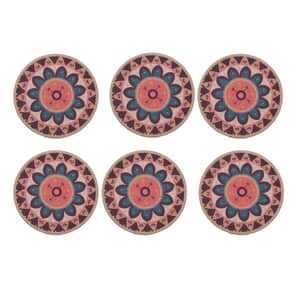 Set of 6 Red Multi Color Floral Pattern Hot Pot Stand, Heat Resistant Pads For Kitchen Countertop Dining Table, Anti-Hot Non-Slip Round Mats Pack of 6