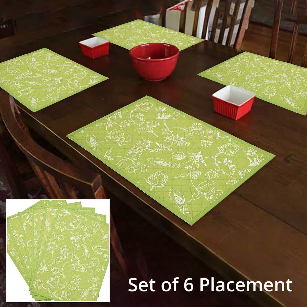 HOMESMART Set of 6 Green Floral Pattern 100% Cotton Quilted Placement (13"x18") image number 1