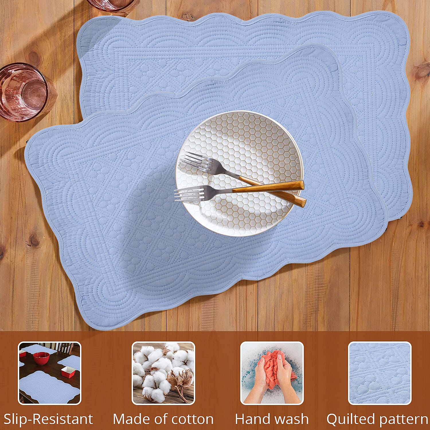 Homesmart Set of 6 Blue 100% Cotton Quilted Placement