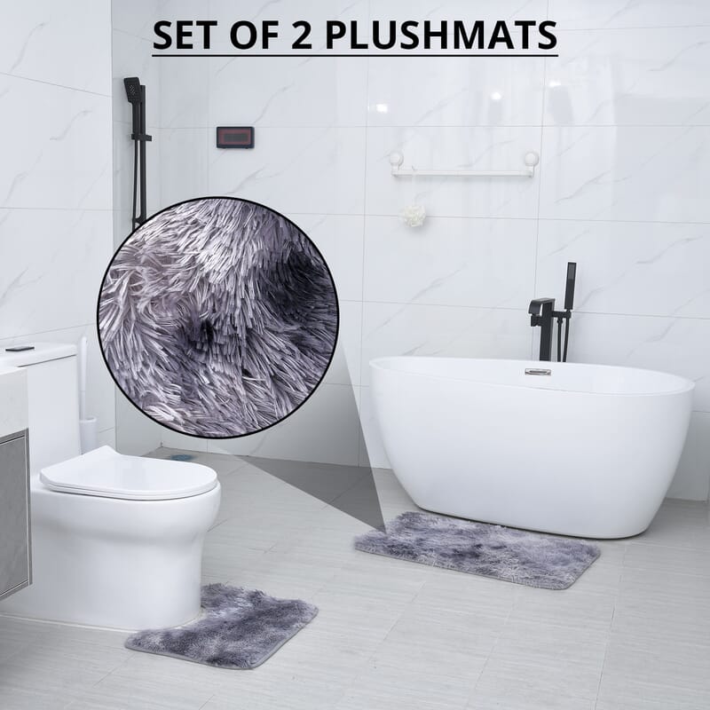 Homesmart Set of 2 Gray Gradient Rectangle Plushmat and U Shape Plush Mat, Anti-Skid Dots Handwash Bathroom Rug Bath Mat, Non Slip Bathroom Rug
