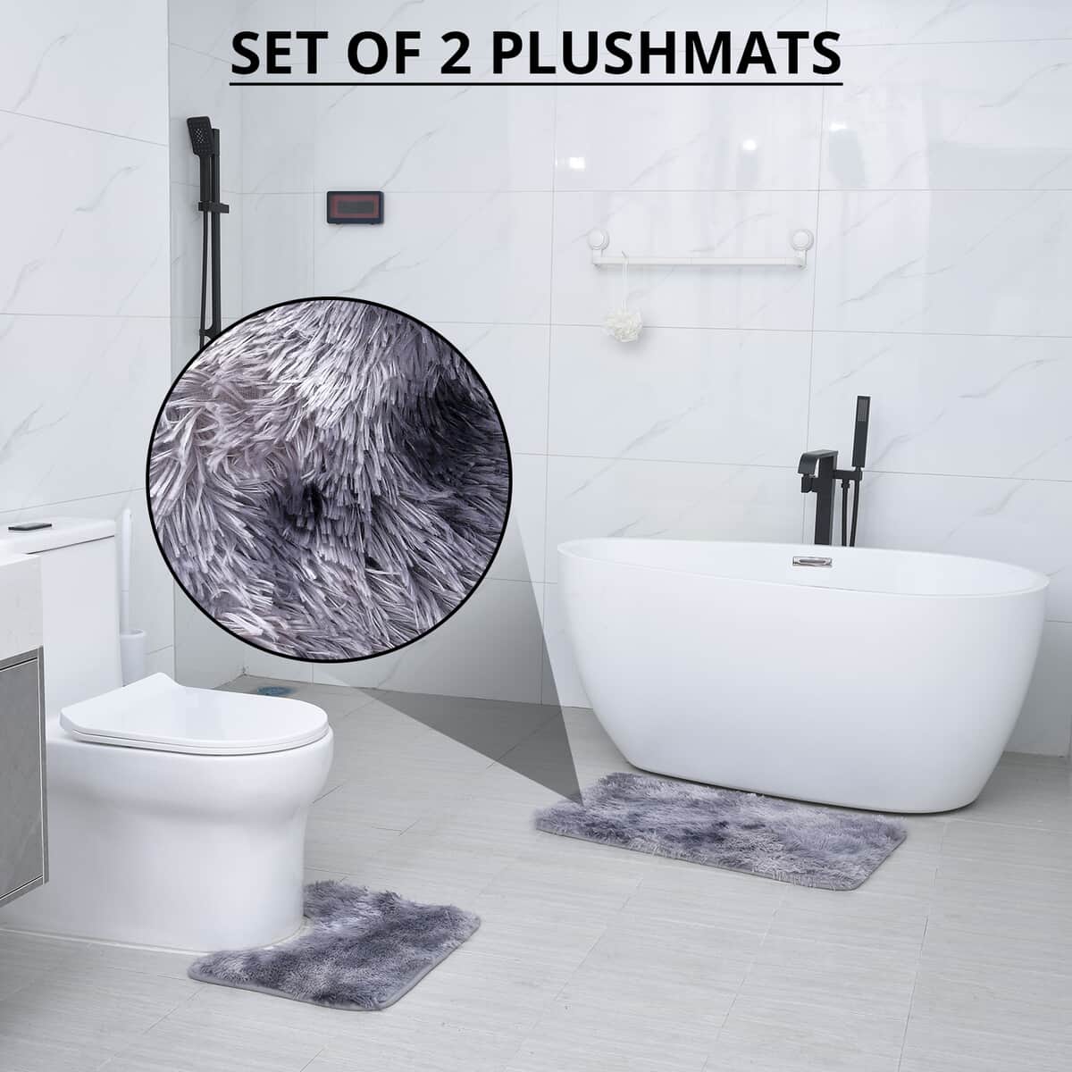 Homesmart Set of 2 Gray Gradient Rectangle Plushmat and U Shape Plush Mat, Anti-Skid Dots Handwash Bathroom Rug Bath Mat, Non Slip Bathroom Rug image number 1