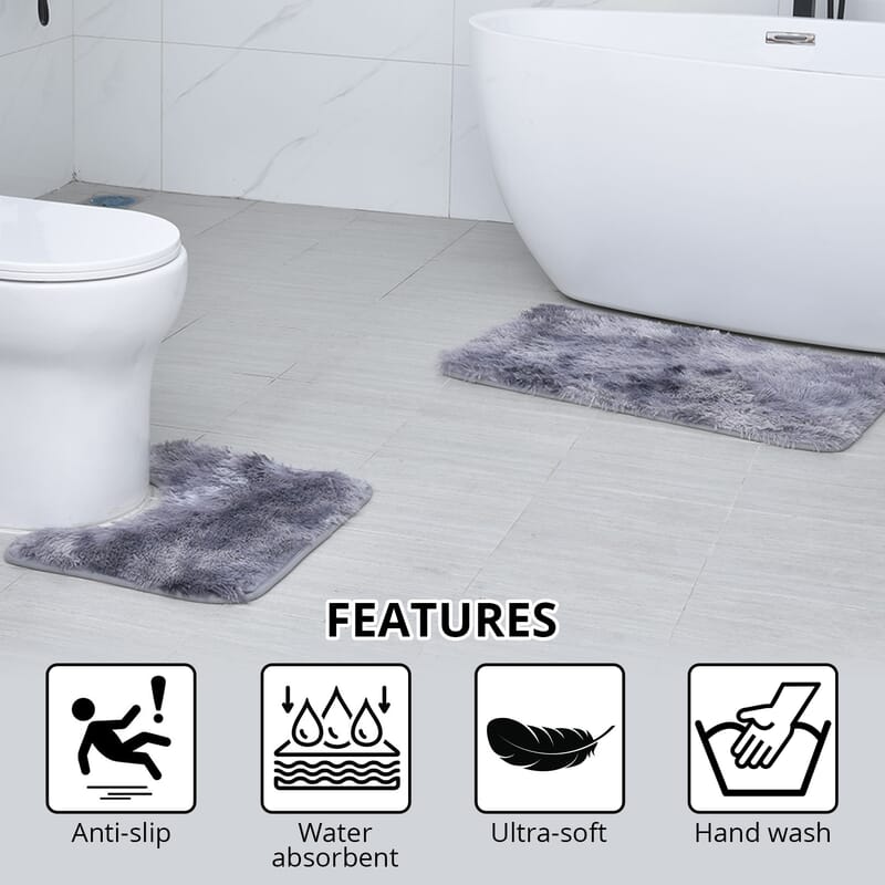 Homesmart Set of 2 Gray Gradient Rectangle Plushmat and U Shape Plush Mat, Anti-Skid Dots Handwash Bathroom Rug Bath Mat, Non Slip Bathroom Rug