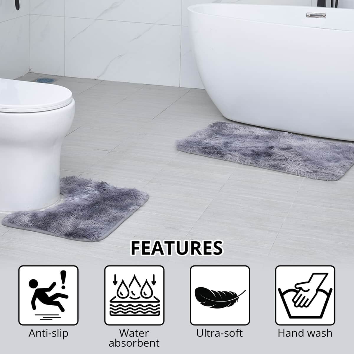 Homesmart Set of 2 Gray Gradient Rectangle Plushmat and U Shape Plush Mat, Anti-Skid Dots Handwash Bathroom Rug Bath Mat, Non Slip Bathroom Rug image number 2