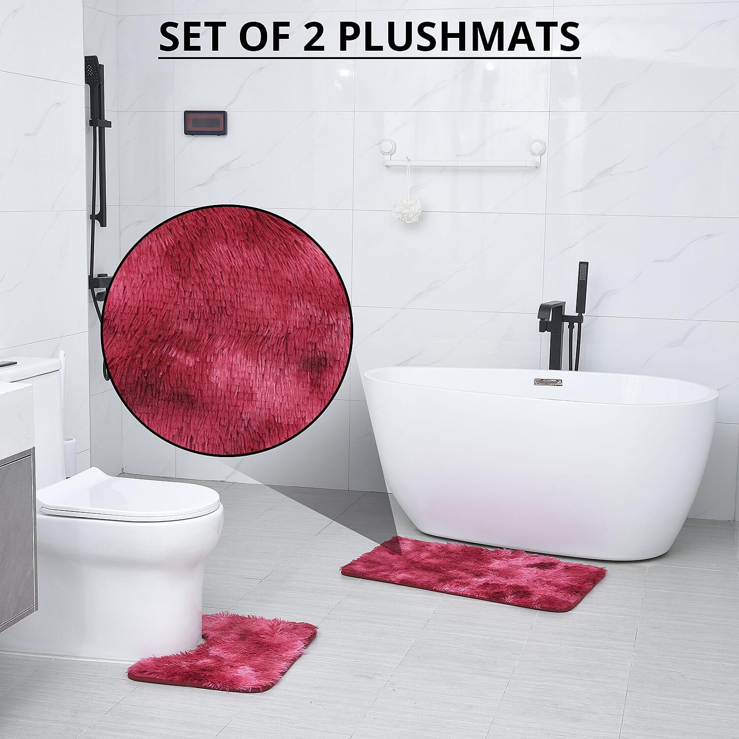 Homesmart Set of 2 Rose Red Gradient Rectangle Plushmat and U Shape Plush Mat, Anti-Skid Dots Handwash Bathroom Rug Bath Mat, Non Slip Bathroom Rug
