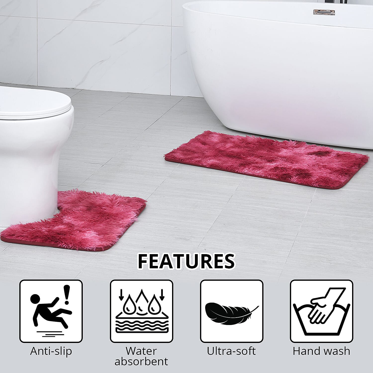 Homesmart Set of 2 Rose Red Gradient Rectangle Plushmat and U Shape Plush Mat, Anti-Skid Dots Handwash Bathroom Rug Bath Mat, Non Slip Bathroom Rug