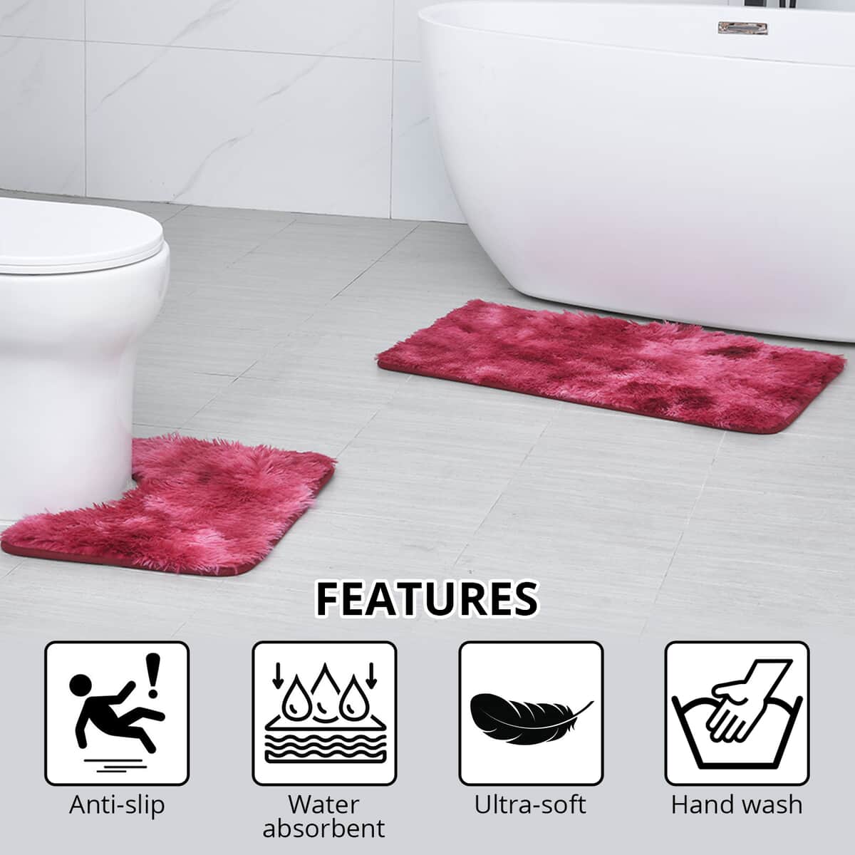 Homesmart Set of 2 Rose Red Gradient Rectangle Plushmat and U Shape Plush Mat, Anti-Skid Dots Handwash Bathroom Rug Bath Mat, Non Slip Bathroom Rug image number 2