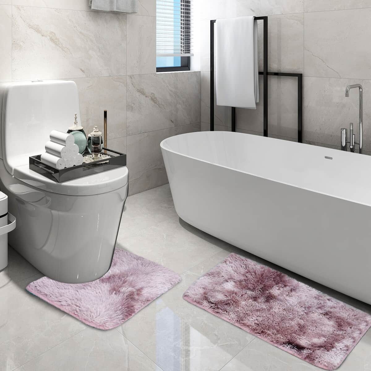 Homesmart Set of 2 Pink Gradient Rectangle Plushmat and U Shape Plush Mat, Anti-Skid Dots Handwash Bathroom Rug Bath Mat, Non Slip Bathroom Rug image number 0