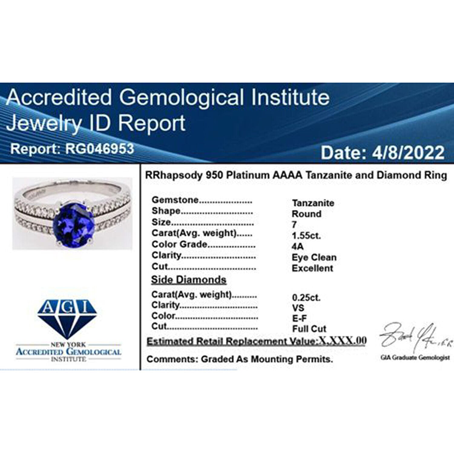 Certified & Appraised Rhapsody AAAA Tanzanite and E-F VS Diamond 1.80 ctw Ring in 950 Platinum (Size 10.0) 5.70 Grams 