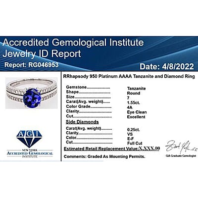 Certified & Appraised Rhapsody AAAA Tanzanite and E-F VS Diamond 1.80 ctw Ring in 950 Platinum (Size 10.0) 5.70 Grams 