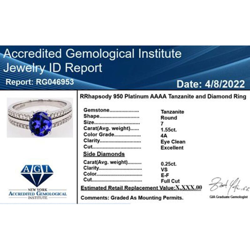 Certified & Appraised Rhapsody AAAA Tanzanite and E-F VS Diamond 1.80 ctw Ring in 950 Platinum (Size 10.0) 5.70 Grams 