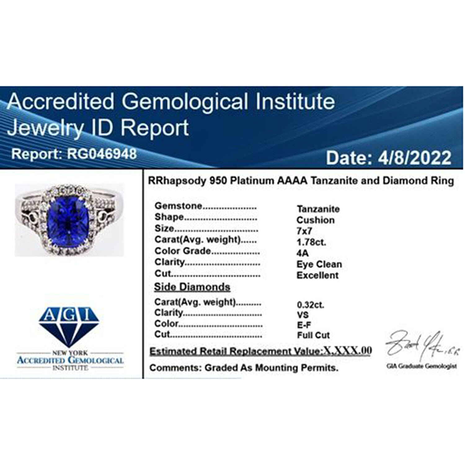 Certified & Appraised Rhapsody AAAA Tanzanite and E-F VS Diamond 2.10 ctw Ring in 950 Platinum (Size 7.0) 6.60 Grams