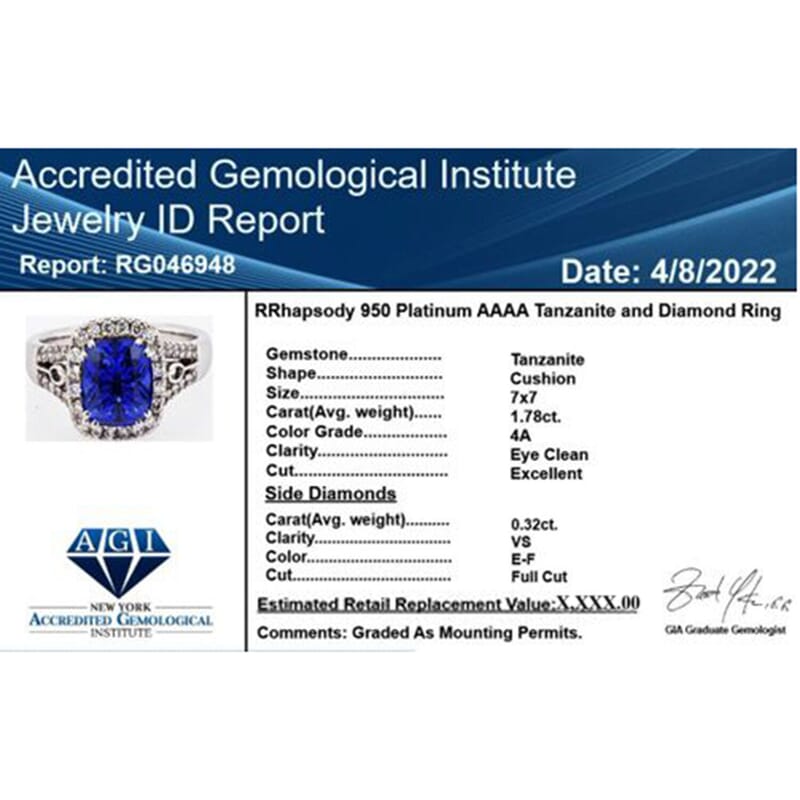 Certified & Appraised Rhapsody AAAA Tanzanite and E-F VS Diamond 2.10 ctw Ring in 950 Platinum (Size 7.0) 6.60 Grams