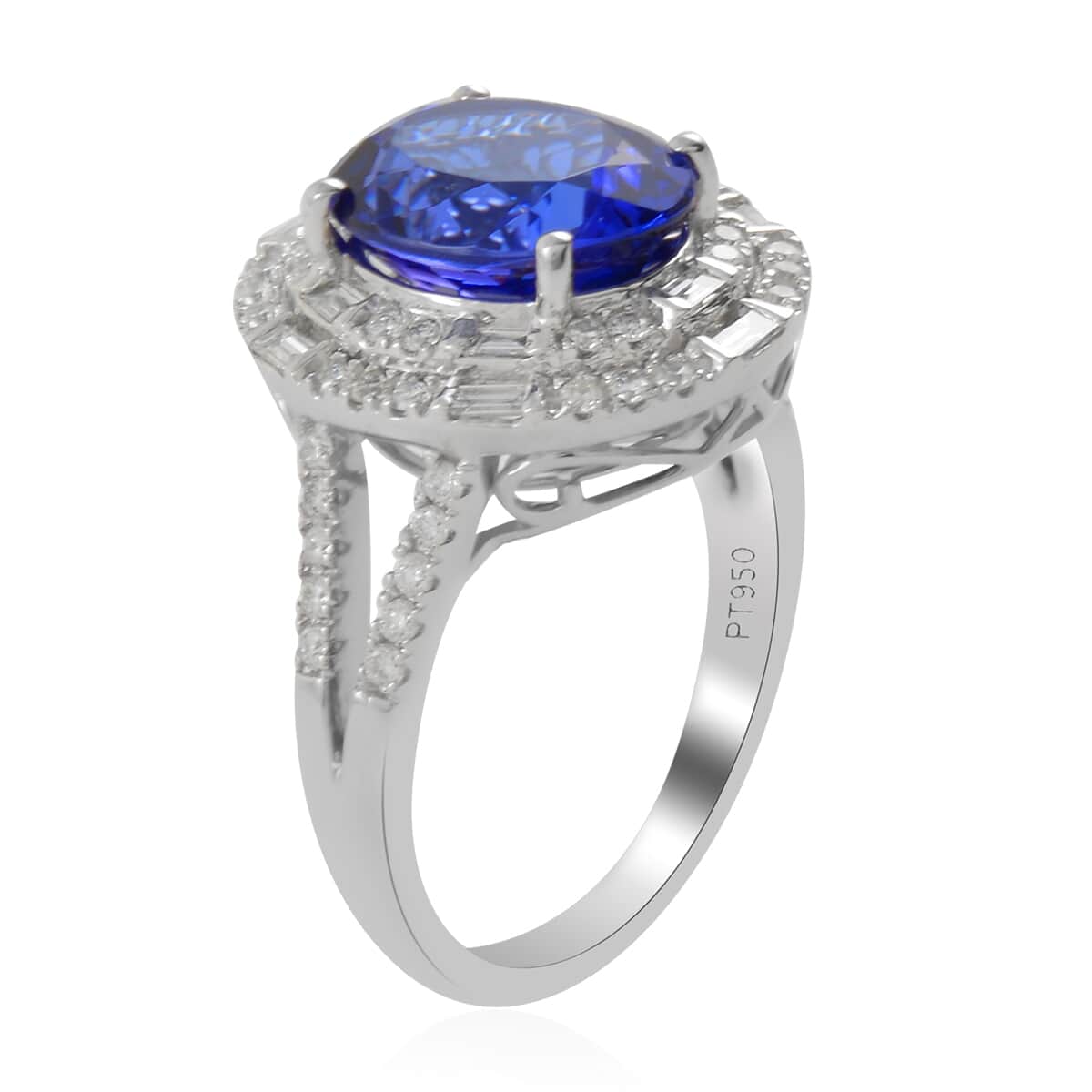 Red Carpet Collection Certified and Appraised RHAPSODY 950 Platinum AAAA Tanzanite and E-F VS Diamond Double Halo Ring (Size 6.0) 9 Grams 4.80 ctw image number 2