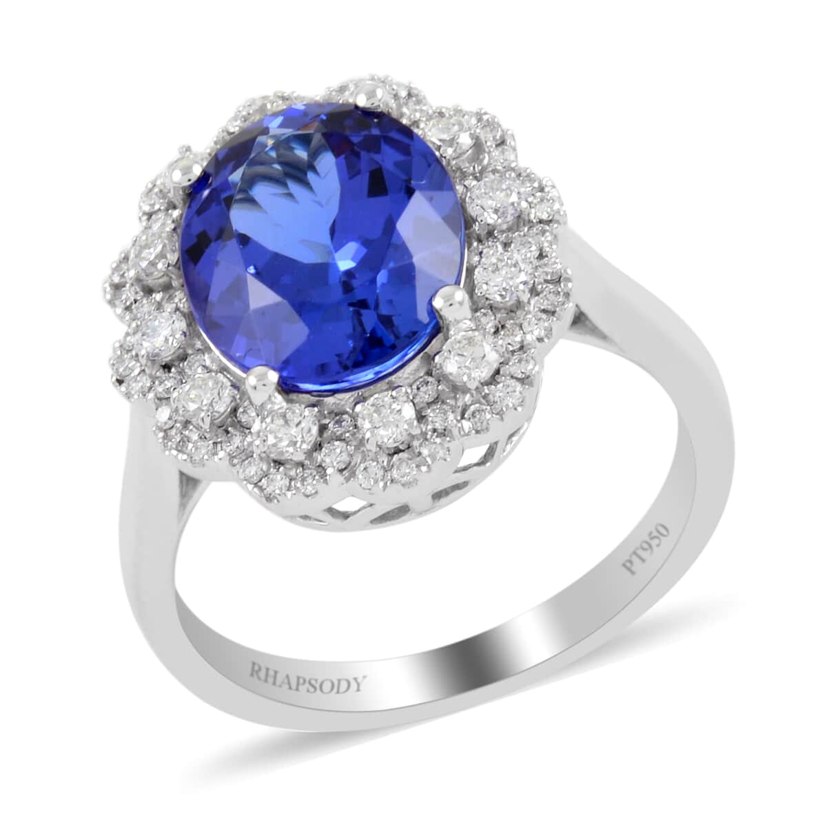 RHAPSODY 4.75 ctw AAAA Tanzanite and Diamond E-F VS Halo Ring in 950 Platinum 8.40 Grams image number 0