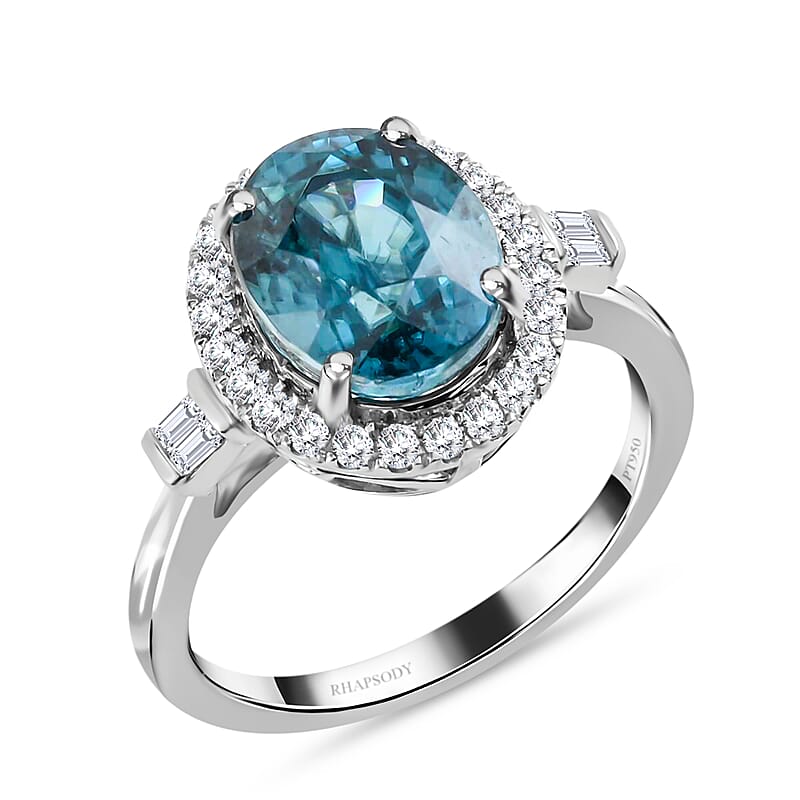 Rhapsody 950 Platinum AAAA Ratanakiri Blue Zircon and E-F VS Diamond Ring (Size 8.0) 5.80 Grams 5.70 ctw