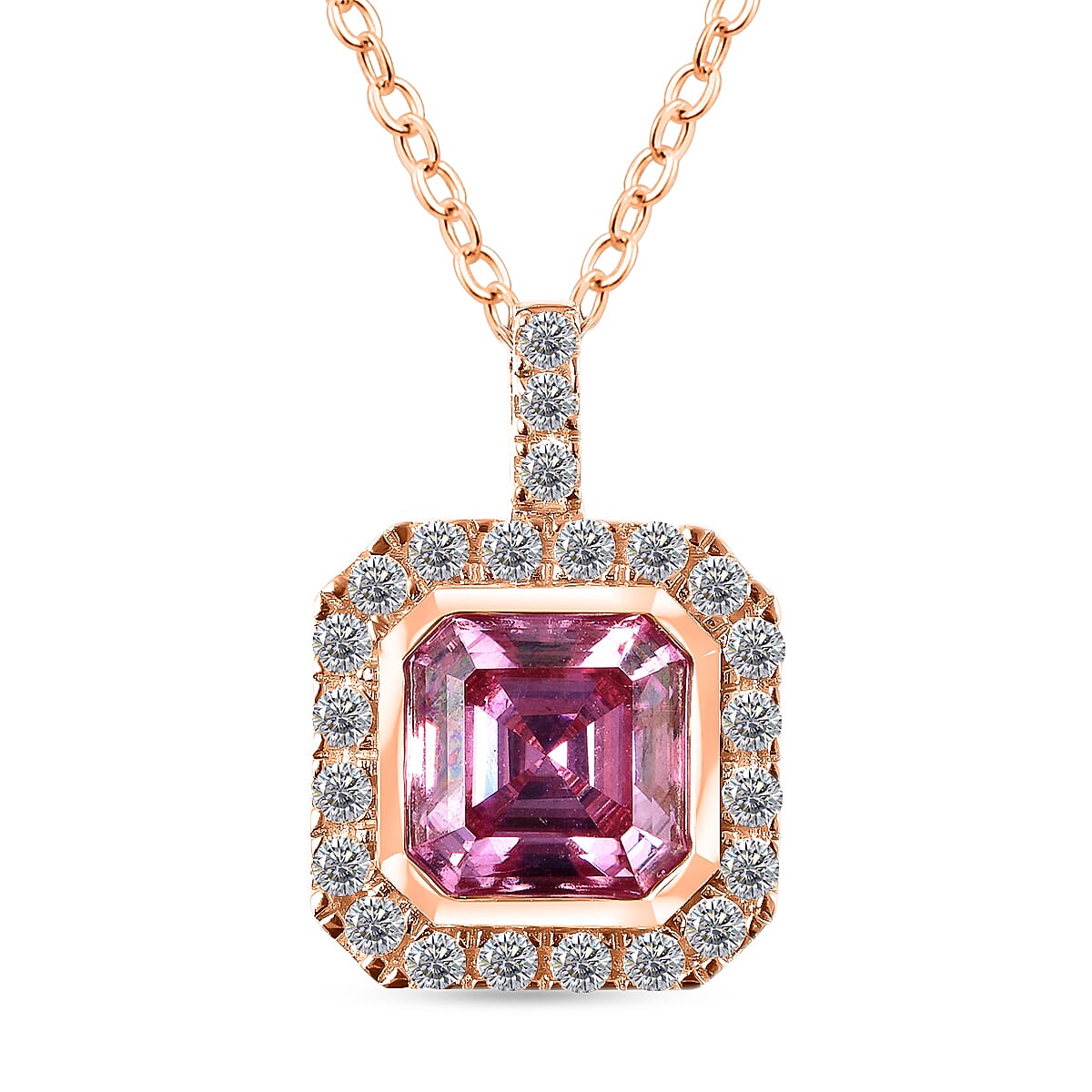 Asscher Cut Pink Moissanite and Moissanite Halo Pendant Necklace 18 Inches in Vermeil Rose Gold Over Sterling Silver 2.00 ctw