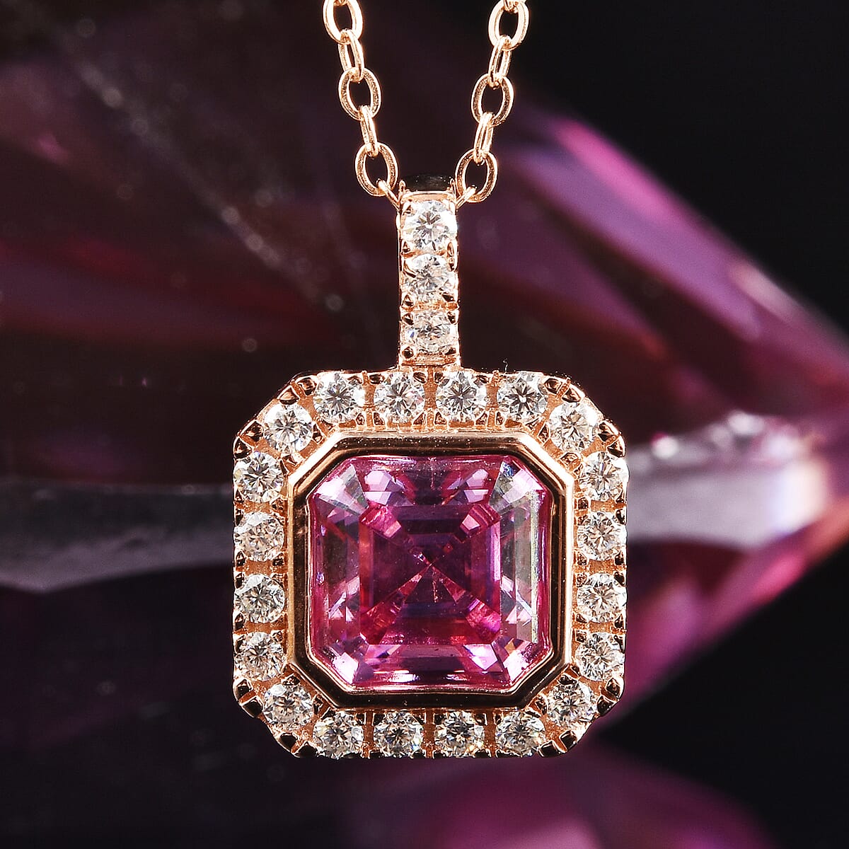 Asscher Cut Pink Moissanite and Moissanite Halo Pendant Necklace 18 Inches in Vermeil Rose Gold Over Sterling Silver 2.00 ctw image number 1