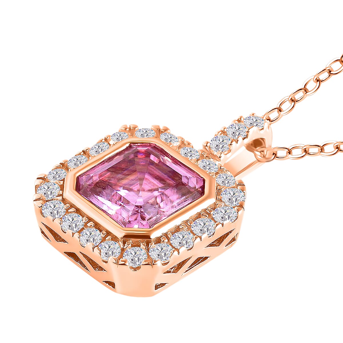 Asscher Cut Pink Moissanite and Moissanite Halo Pendant Necklace 18 Inches in Vermeil Rose Gold Over Sterling Silver 2.00 ctw