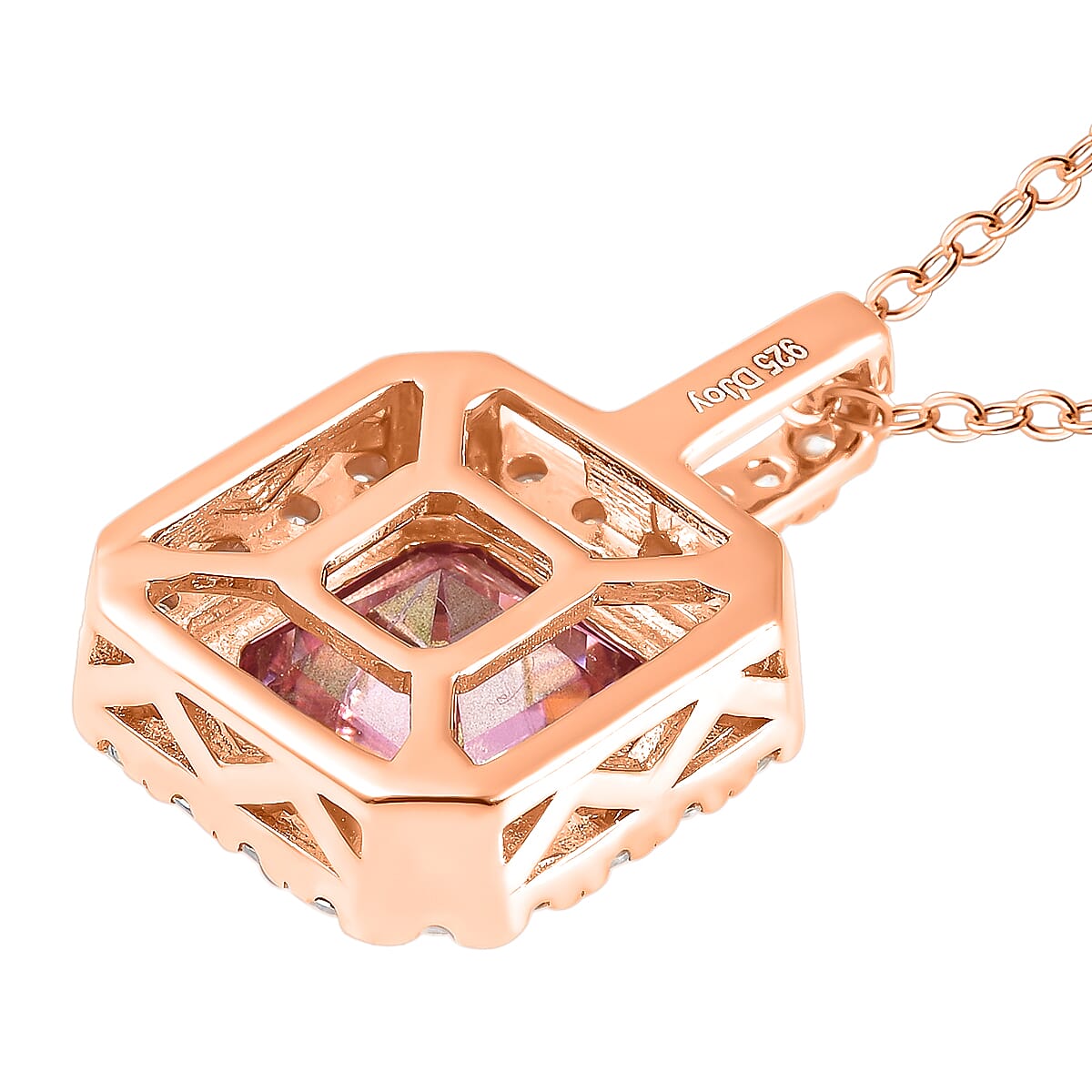 Asscher Cut Pink Moissanite and Moissanite Halo Pendant Necklace 18 Inches in Vermeil Rose Gold Over Sterling Silver 2.00 ctw
