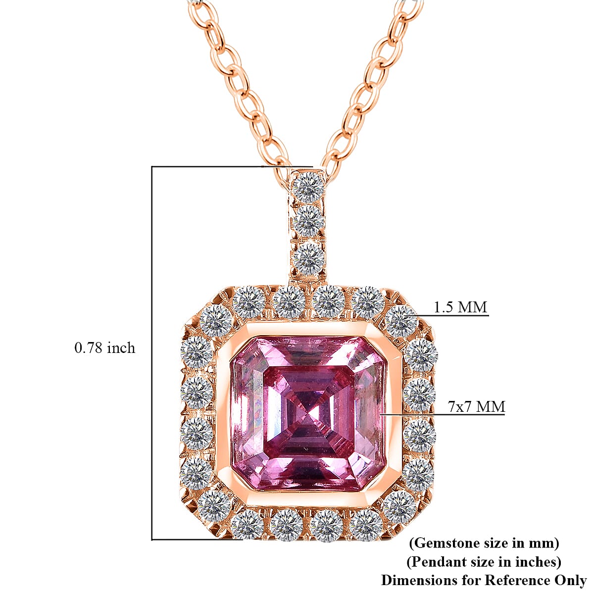 Asscher Cut Pink Moissanite and Moissanite Halo Pendant Necklace 18 Inches in Vermeil Rose Gold Over Sterling Silver 2.00 ctw