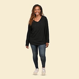 Tamsy Black Casual Long Sleeves and V Neck Top - L