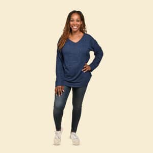 Tamsy Navy Blue Casual Long Sleeves and V Neck Top - S