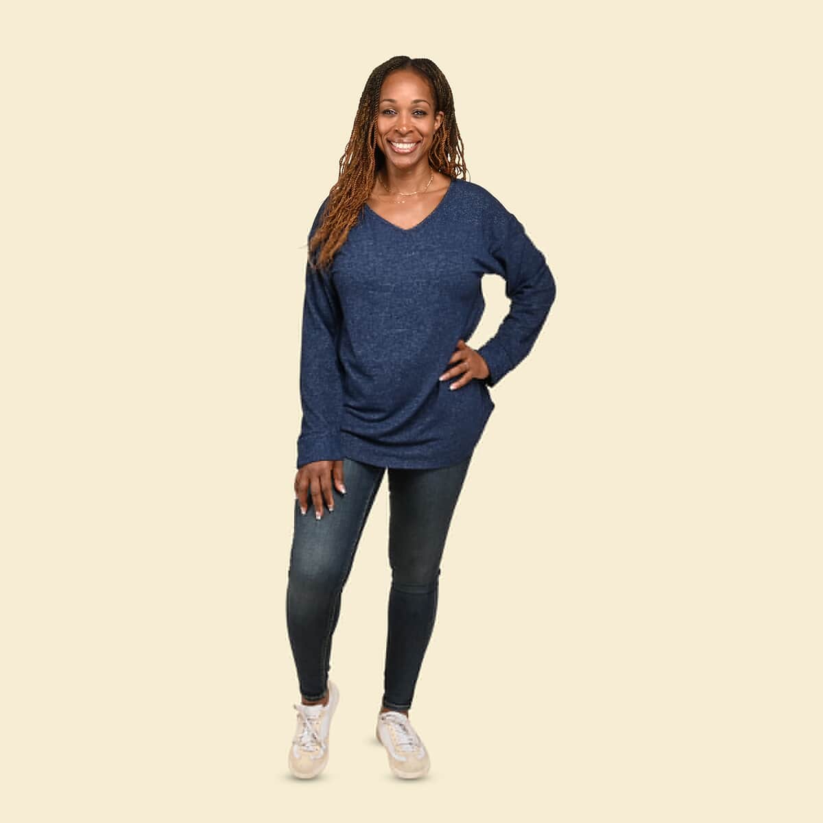 Tamsy Navy Blue Casual Long Sleeves and V Neck Top - M image number 0